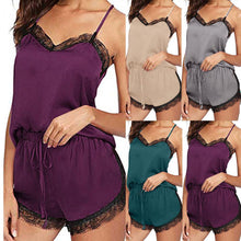 Load image into Gallery viewer, Ladies pajamas pyjamas women Women Sleepwear Sleeveless Strap Nightwear Lace Trim Satin Top Pajama Sets pijama femme Q60