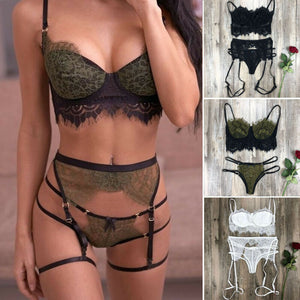 3PC Set Women Sexy Lingerie Lace Babydoll Open Bra Set Transparent Lingerie Set G-String Underwear Nightwear Bra & Brief Sets