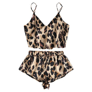 Women Pajama Satin Lace Leopard Lingerie Nightwear Sleepwear Top+Shorts 2PCS Summer Pajamas Set 5