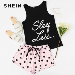 SHEIN Letter Print Top Drawstring Waist Shorts Pajama Set Women Sleeveless Drawstring Preppy Nightwear 2018 Casual Sleepwear