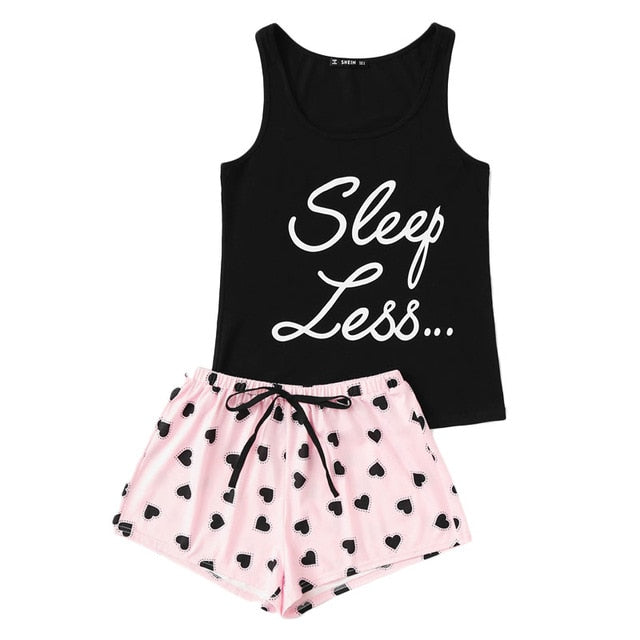 SHEIN Letter Print Top Drawstring Waist Shorts Pajama Set Women Sleeveless Drawstring Preppy Nightwear 2018 Casual Sleepwear