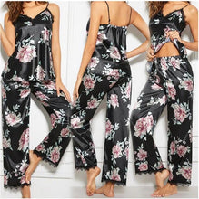 Load image into Gallery viewer, Summer Women Lady Lace Print Silk Satin Pajamas Set Pyjama Sleepwear Nightwear Loungewear Homewear Black Pyjamas Women
