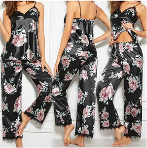 Summer Women Lady Lace Print Silk Satin Pajamas Set Pyjama Sleepwear Nightwear Loungewear Homewear Black Pyjamas Women