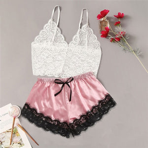 2020 Women Sexy Lingerie Lace Sleepwear Top Sleeveless V-Neck Camisole Baby Doll Satin Shorts Lingerie Set Sexy Clothes Lenceria