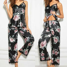 Load image into Gallery viewer, Women Pajamas Faux Silk Sleepwear Satin Pajamas Set Vintage Flower Print Sleeveless Long Pants 2 Piece Autumn Winter Homewear
