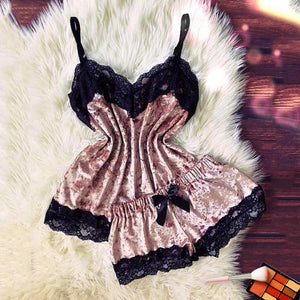 sexy lingerie New Women Sexy Lingerie Camisole Bow Shorts V-Neck Tops Velvet Pajamas Sleepwear body lingerie panties