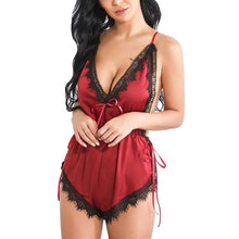 Load image into Gallery viewer, Women Sexy Pajamas Set Summer Sling One-piece Lingerie Translucent Ice Silk Lace Stitching Home Clothing
