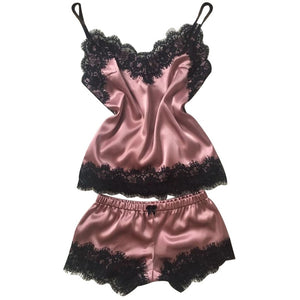 Women's Sleepwear Sexy Satin Pajama Set Black Lace V-Neck Pyjamas Sleeveless Cute Cami Top and Shorts Pijama Mujer Algodon Veran